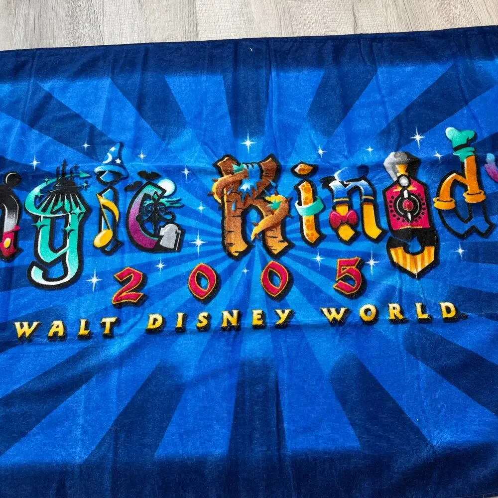 Vintage 2005 Disney Magic Kingdom Beach Towel Blue Walt Disney World Souvenir